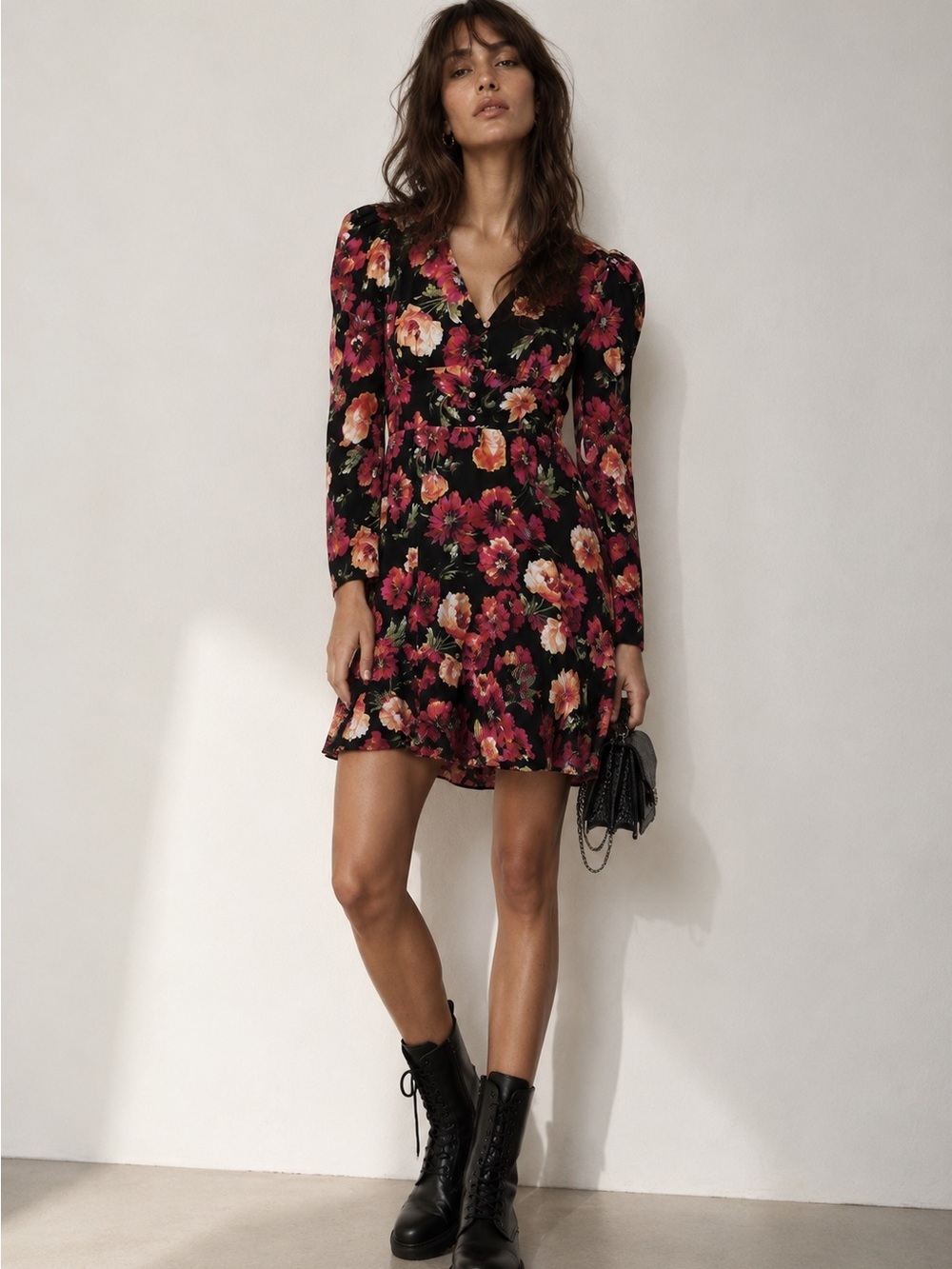 THE KOOPLES Floral Mini Dress Black Pink Rose Print NWT Size 1 MSRP $460